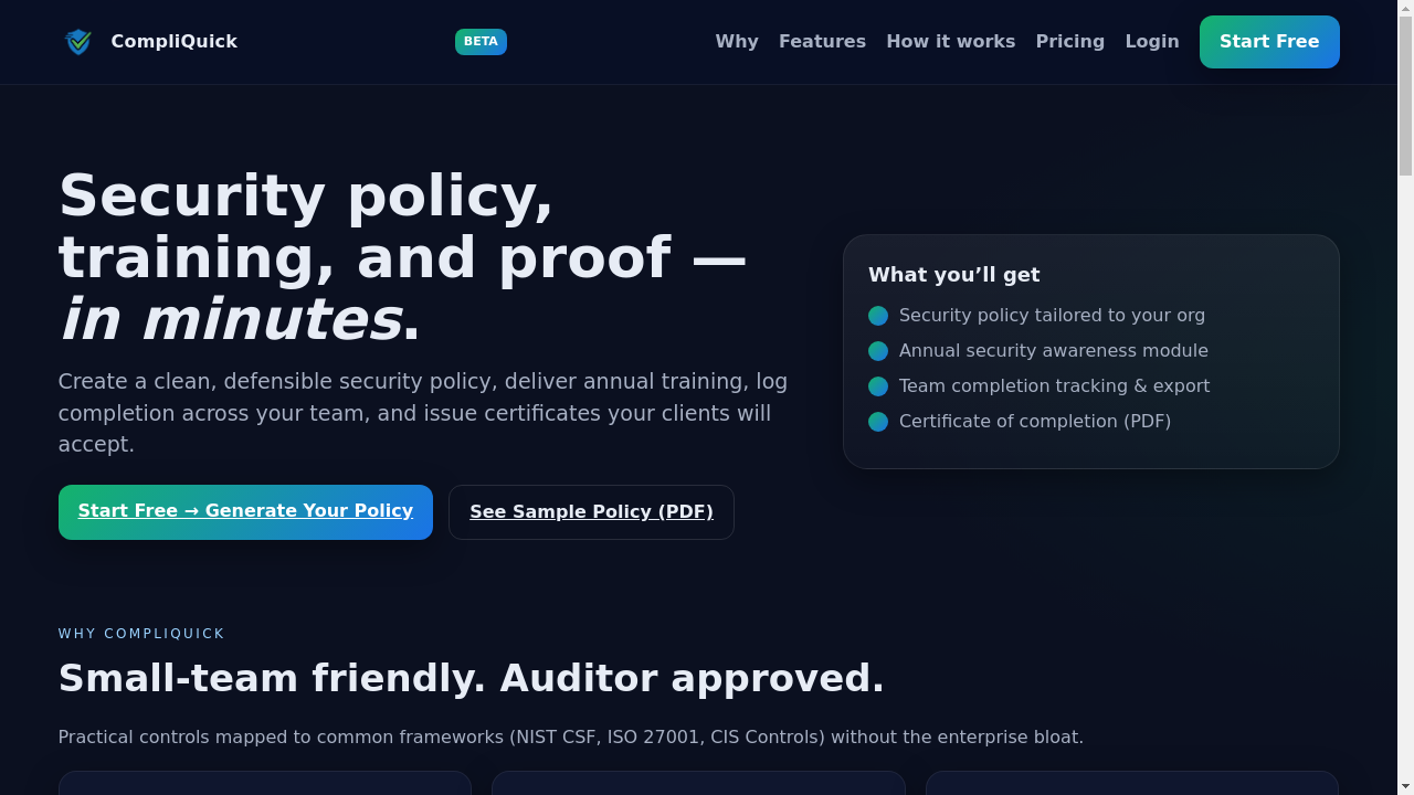 compliquick.com desktop screenshot b2b webiste scoring